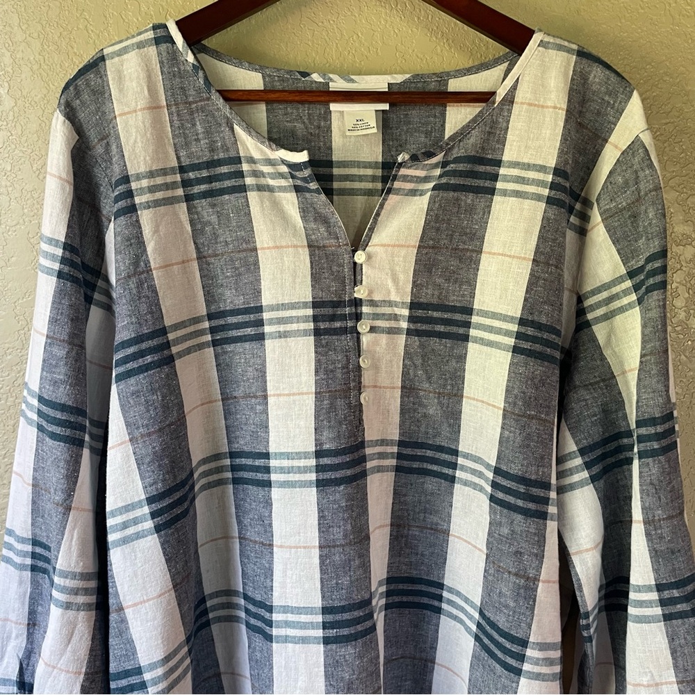 Liz Claiborne Womens XXL 2XL Linen Blend Blue Plaid Tunic 3/4 Tie Sleeve Blouse - Picture 2 of 10